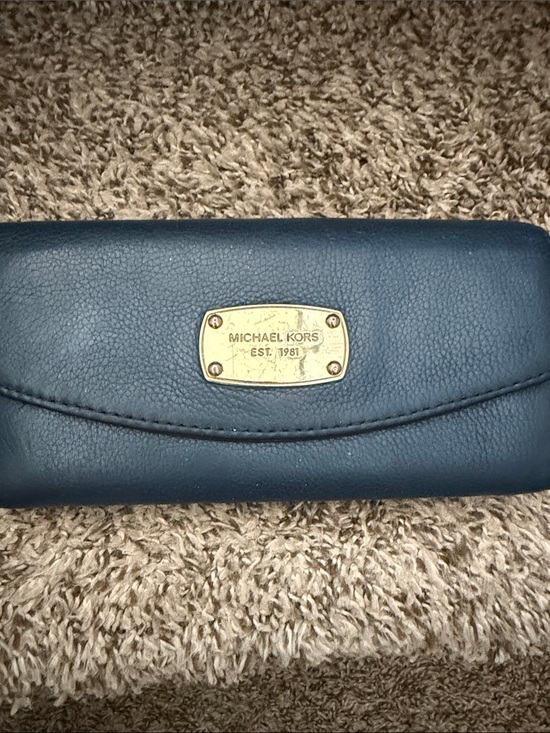Michael Kors Handbags - Michael Kors Blue Leather Flap Wallet with Gold Plaque